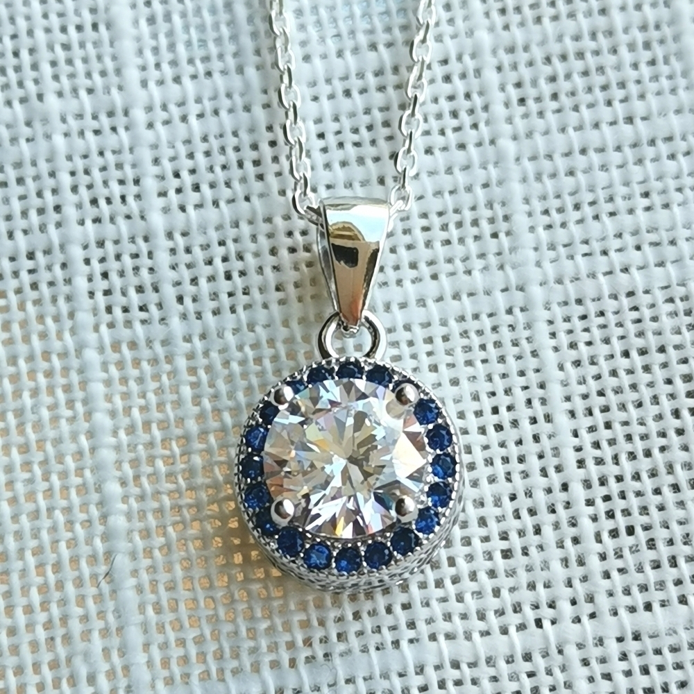 SAPPHIRE & CZ sterling silver pendant necklace 🆕